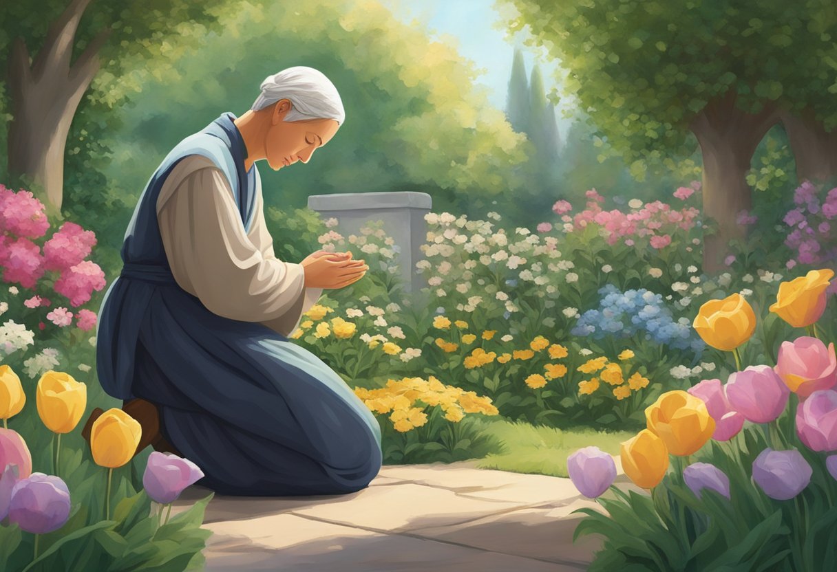 A solitary figure kneels in a garden, surrounded by blooming flowers and lush greenery. Their eyes are closed in deep concentration as they pour out their heart in prayer, seeking spiritual growth and overcoming barrenness