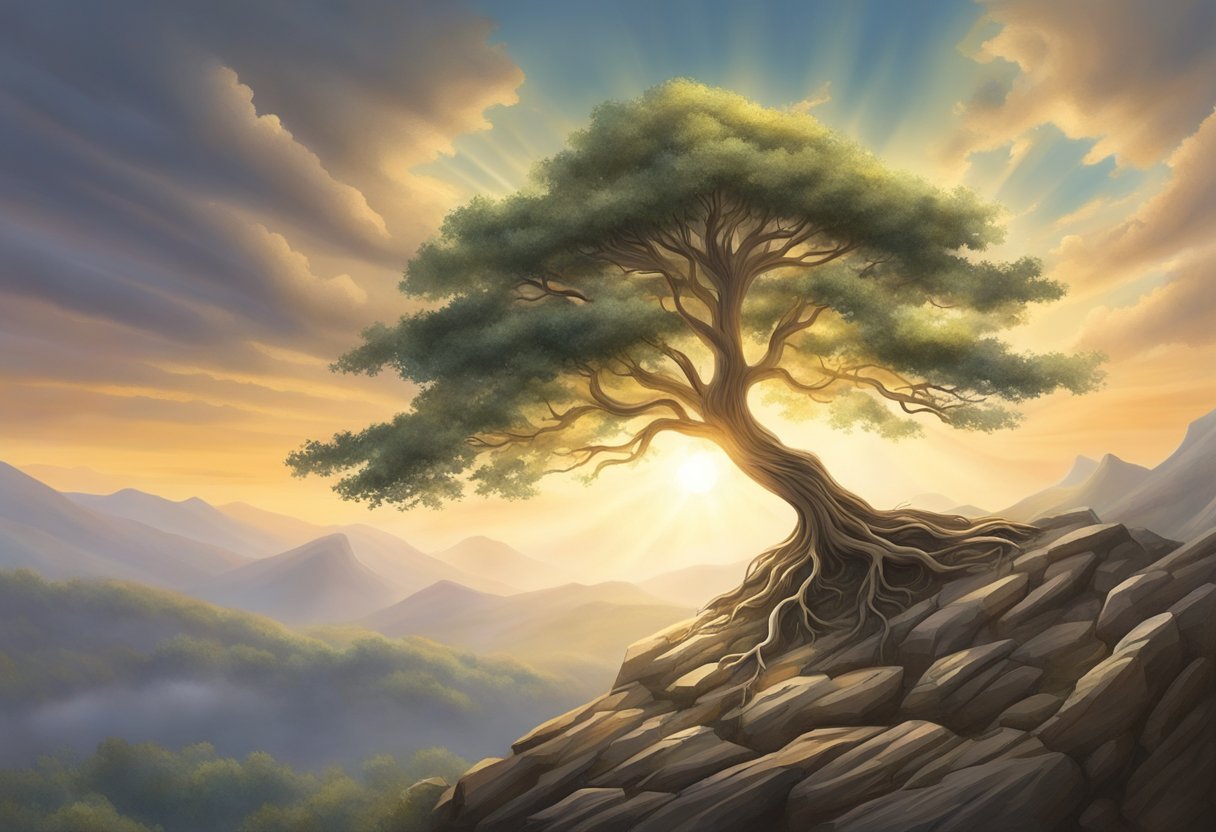 A lone tree stands tall in a rocky landscape, its roots reaching deep into the ground. A beam of light breaks through the clouds, illuminating the tree and symbolizing spiritual growth and overcoming barrenness in prayer