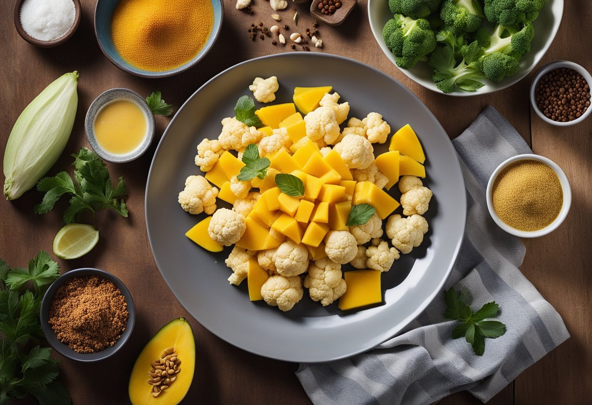 A table set with colorful ingredients: cauliflower, mango, and spices. A bowl of vibrant mango sauce, and a skillet with sizzling cauliflower