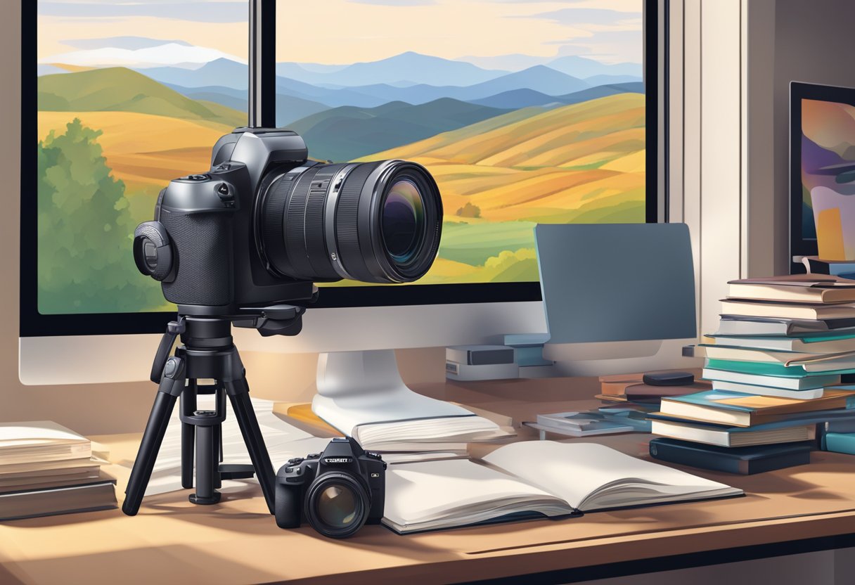 A camera on a tripod with a scenic landscape in the background, a computer with photo editing software, and a stack of photography books on a desk