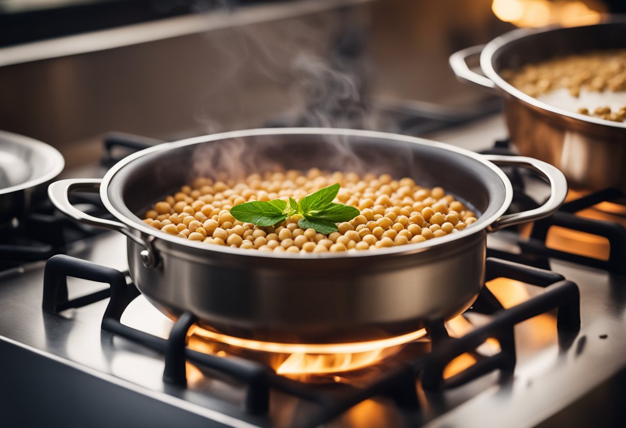 A pot simmers on a stove, filled with chickpeas, coconut milk, and spices. Steam rises as the rich aroma fills the air