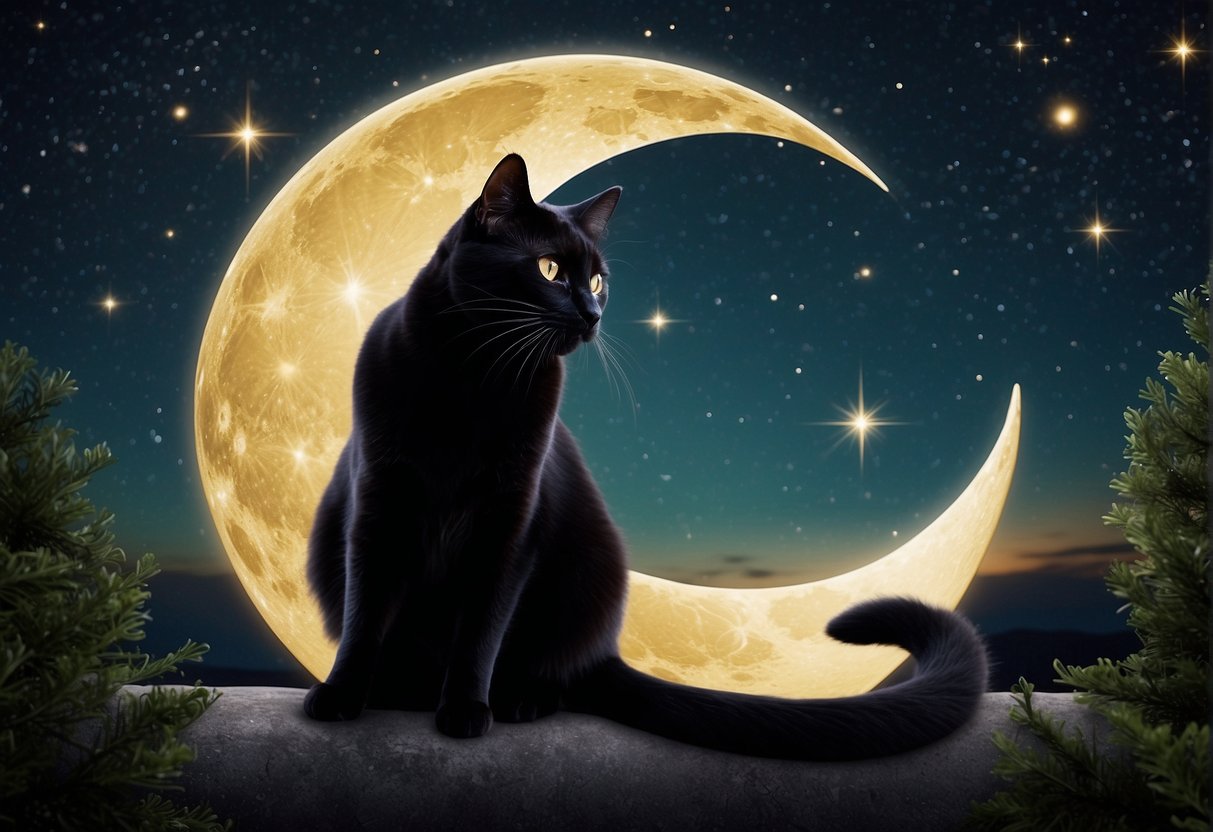 A black cat lounges on a crescent moon in a starry, surreal dreamscape