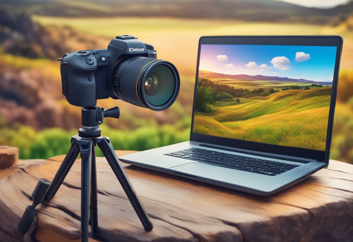 A camera on a tripod captures a scenic landscape with vibrant colors and interesting textures, while a laptop displays editing software for post-processing