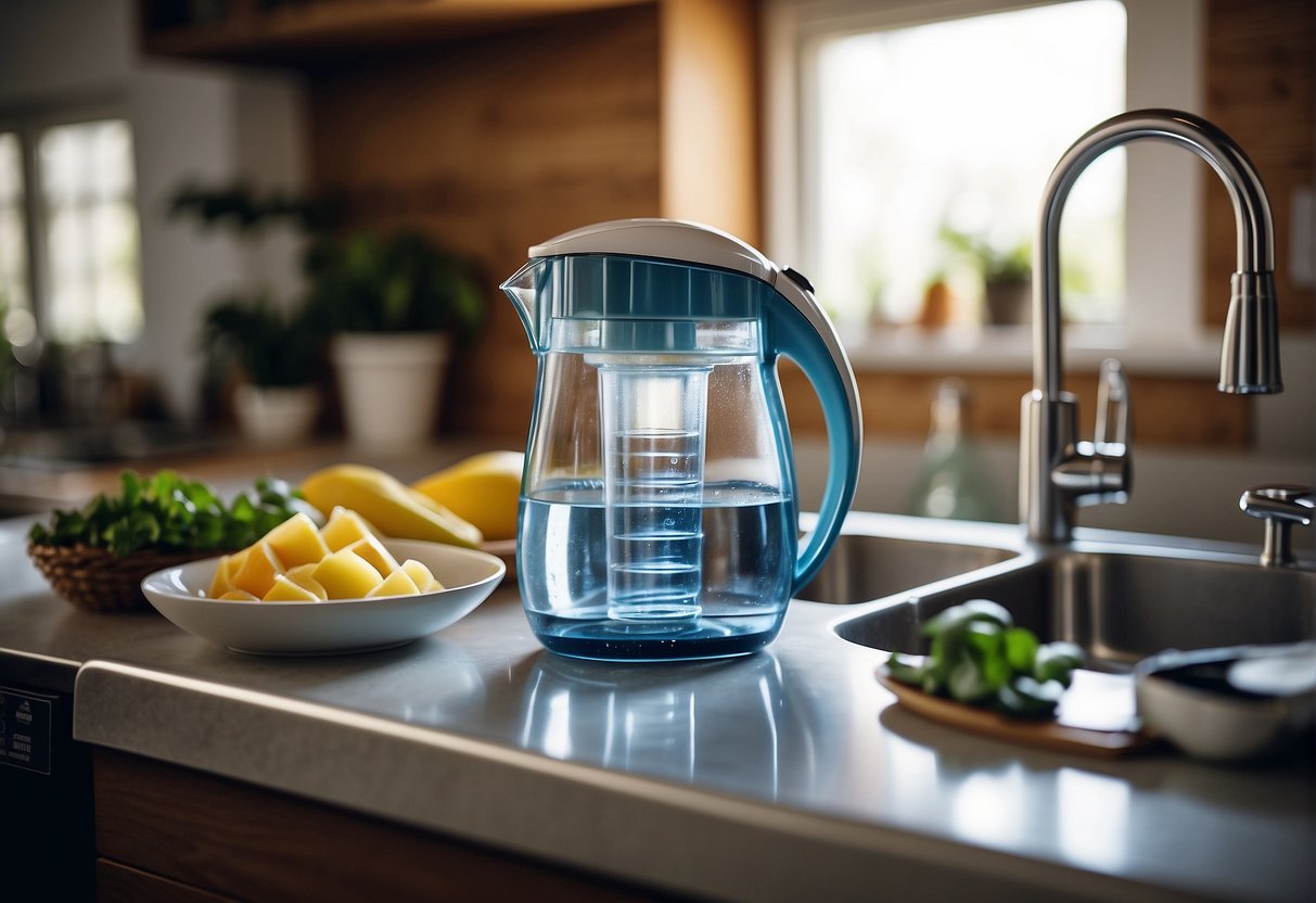 A Brita pitcher is placed in the dishwasher, surrounded by other dishes and detergent