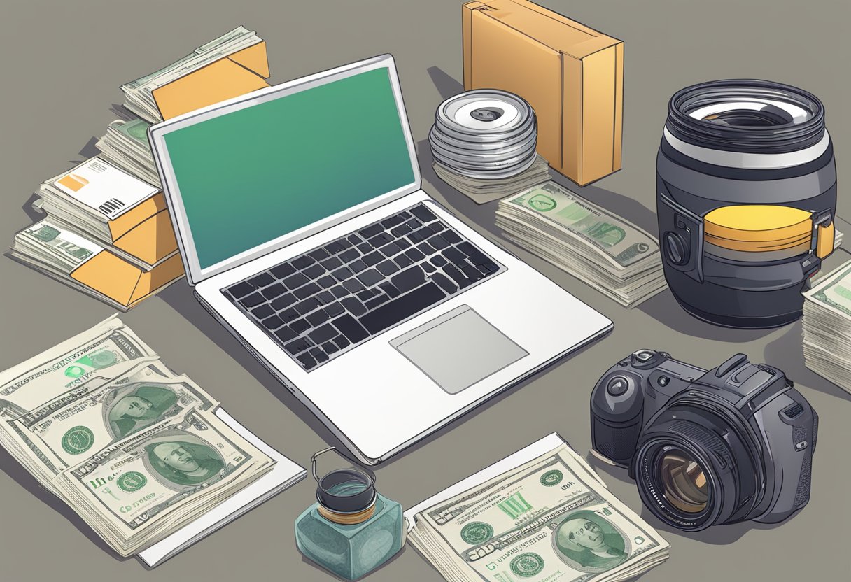 A camera and laptop on a desk with a stack of printed photos, a money jar, and a graph showing increasing profits