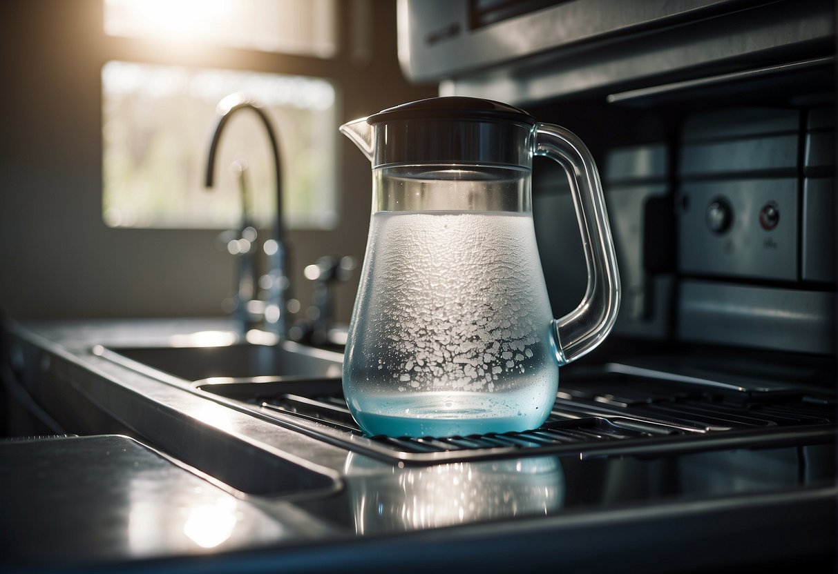 A Brita pitcher sits in an open dishwasher, surrounded by steam and soap suds, ready for a thorough cleaning