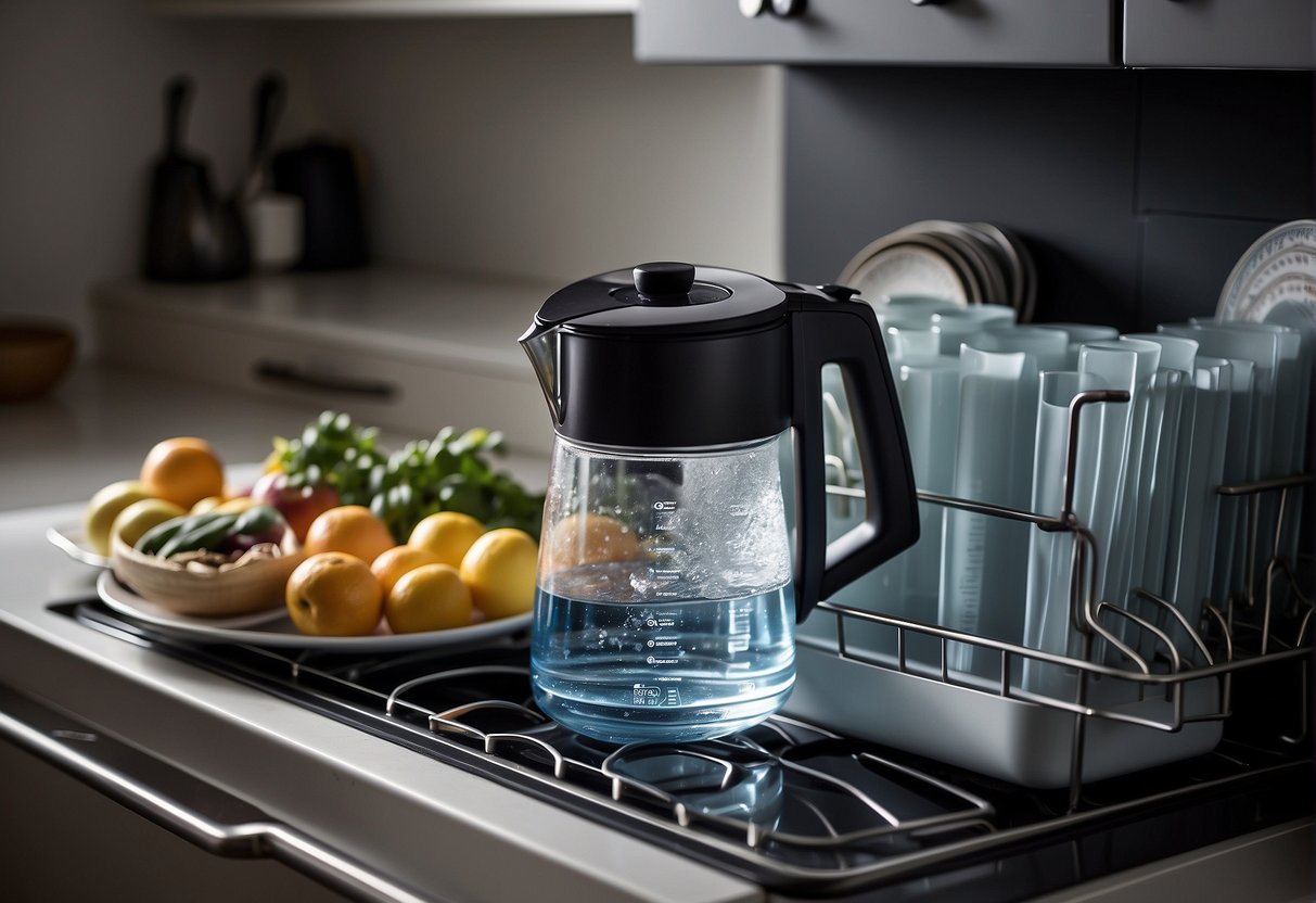 A Brita pitcher is placed in an open dishwasher, surrounded by other clean dishes. The dishwasher door is slightly ajar, with steam rising from the hot water inside
