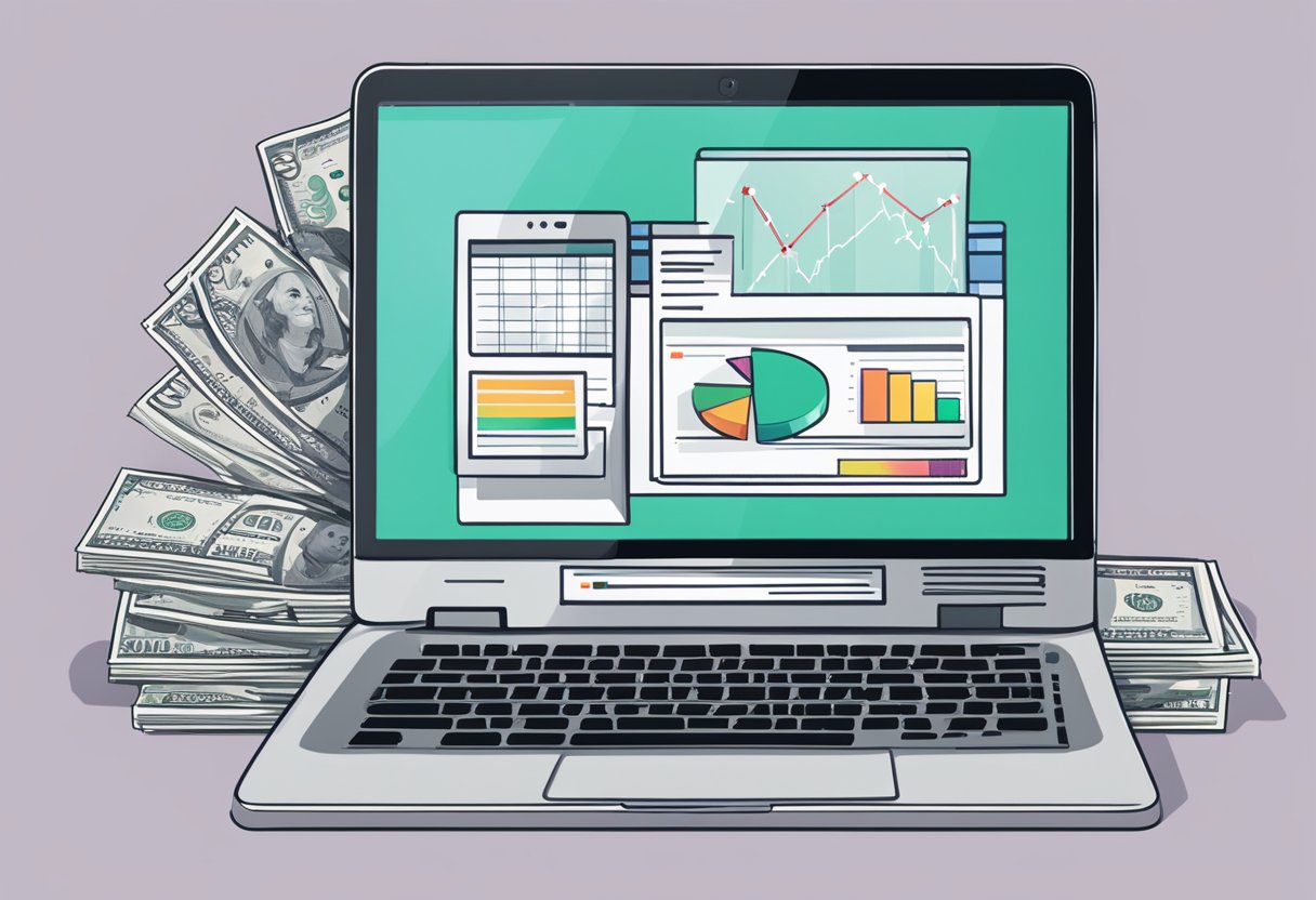 A laptop displaying a website with stock photography sales charts, surrounded by various camera equipment and a stack of cash