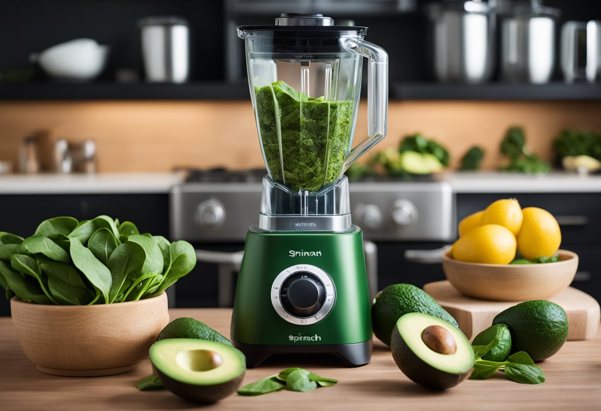 A blender filled with spinach, avocado, and other green ingredients