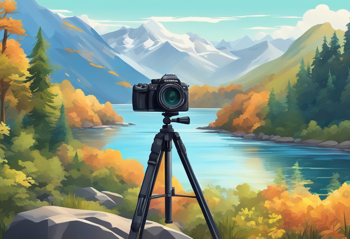 A camera on a tripod capturing a scenic landscape with vibrant colors and natural elements, such as mountains, trees, and water, under a clear blue sky