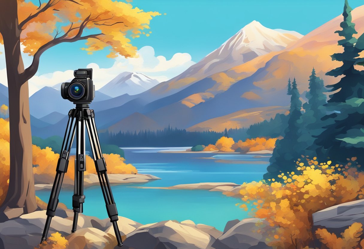 A camera on a tripod capturing a scenic landscape with vibrant colors and natural elements, such as mountains, trees, and water, under a clear blue sky