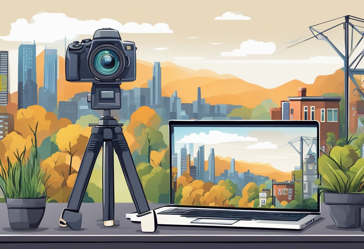 A camera on a tripod with a scenic backdrop of nature, cityscape, or technology. A laptop and smartphone displaying stock photography websites for passive income