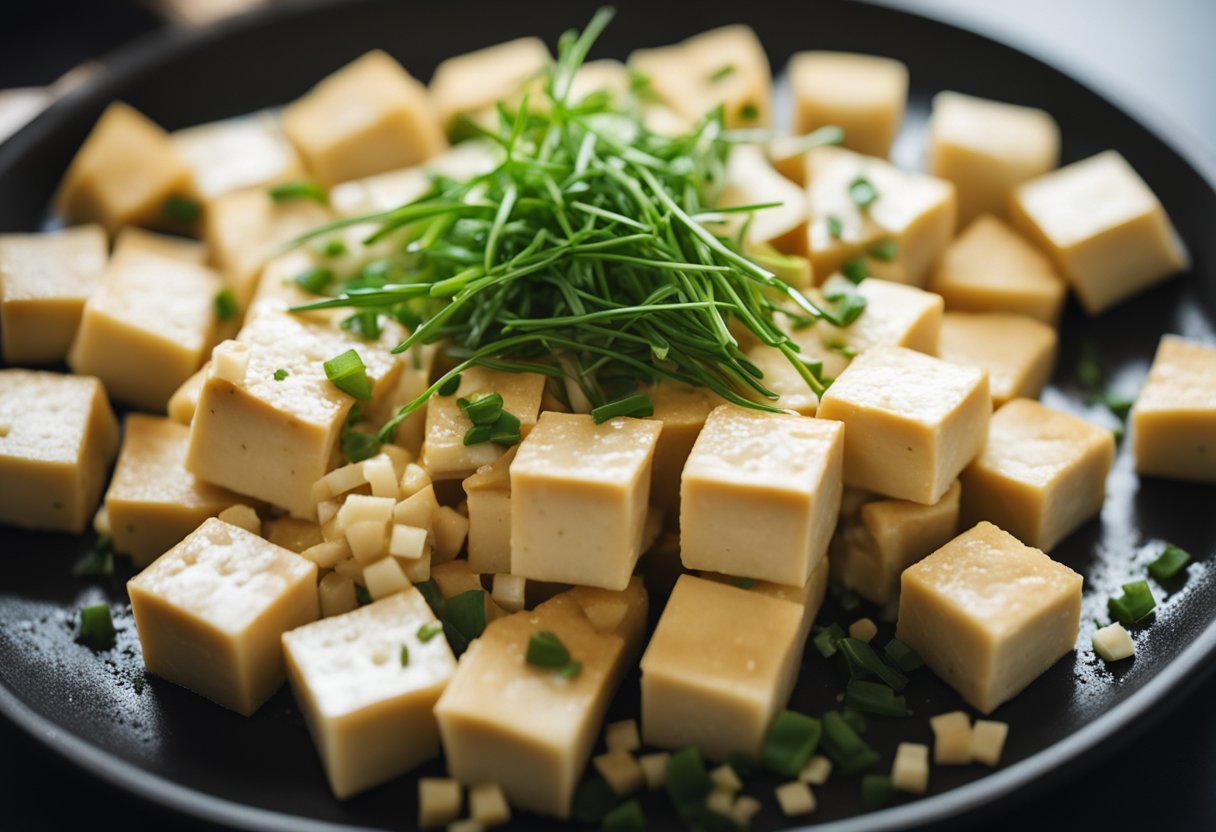 Tofu being crushed and mixed with smoked flavor and chives