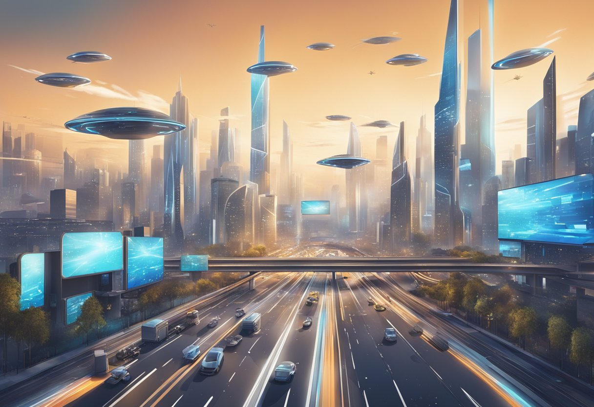 A futuristic city skyline with digital billboards displaying stock photography images, while drones hover in the sky capturing the scene