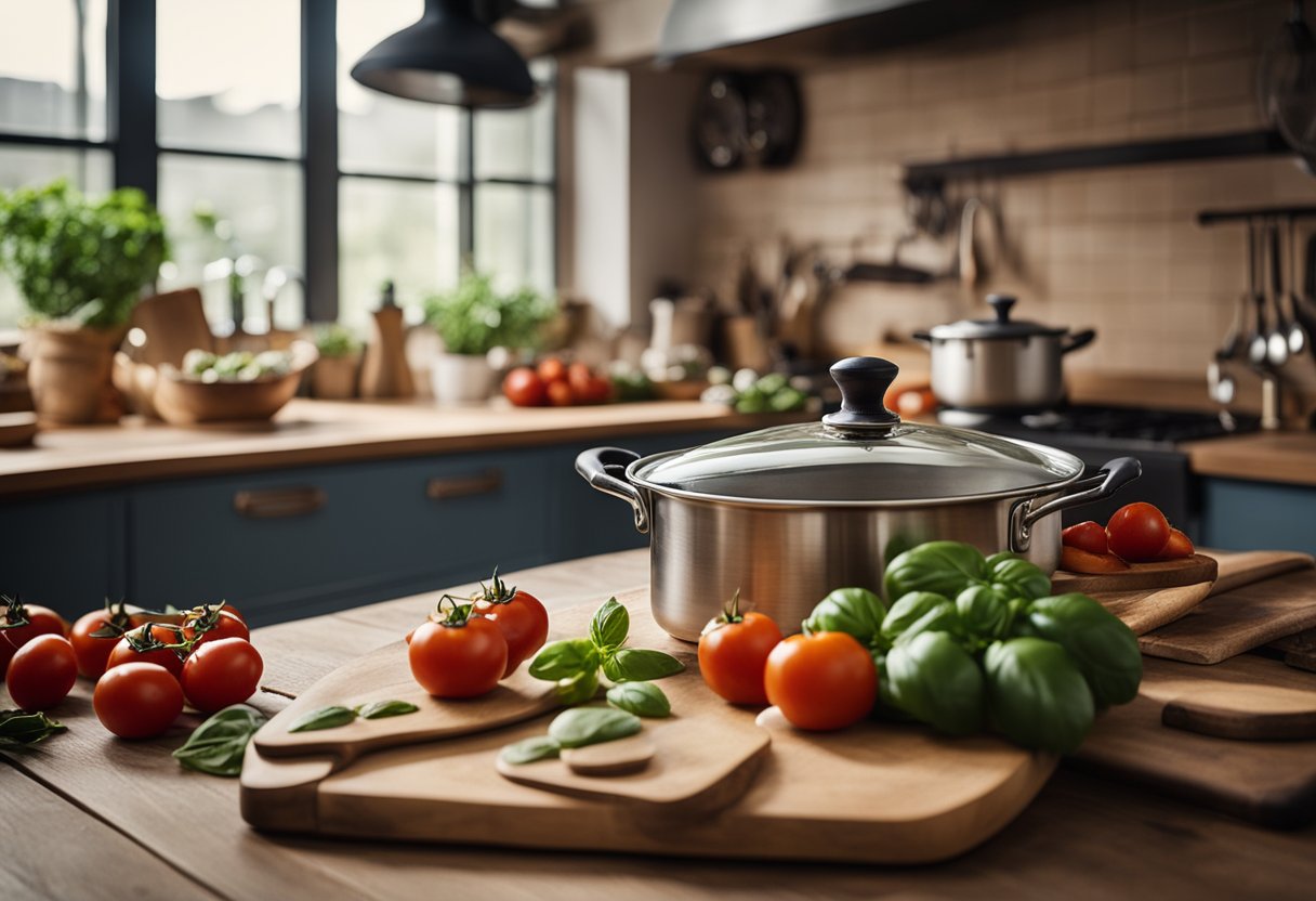 A rustic kitchen with a wooden table, fresh tomatoes, basil, and a roasting pan in the background