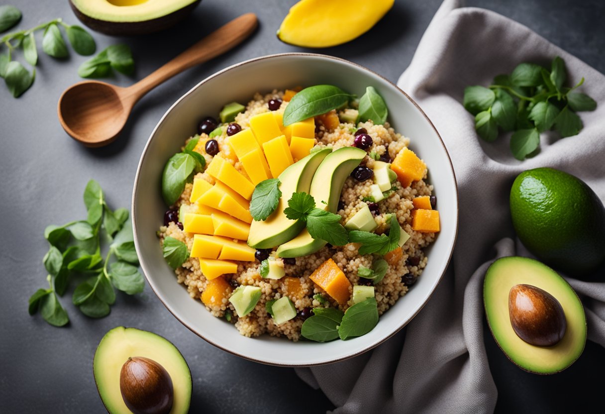 A bowl of quinoa salad with avocado and mango, surrounded by fresh ingredients and a vibrant kitchen backdrop