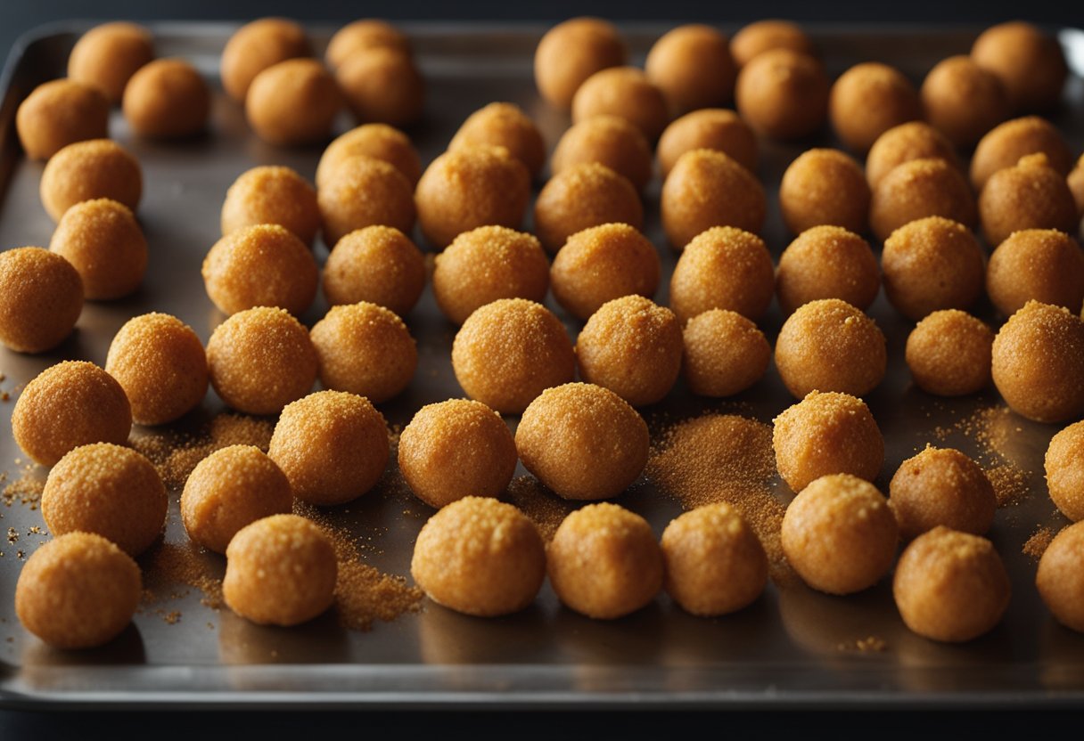 Sweet potato balls being rolled in seasoning, placed on a baking tray, and baked until golden brown