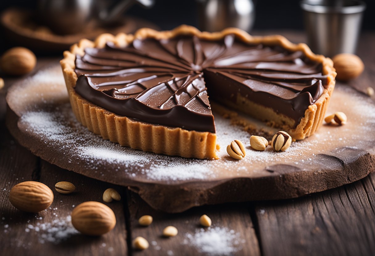 A decadent chocolate and peanut butter tart sits on a rustic wooden table, adorned with a drizzle of creamy peanut butter and a dusting of cocoa powder