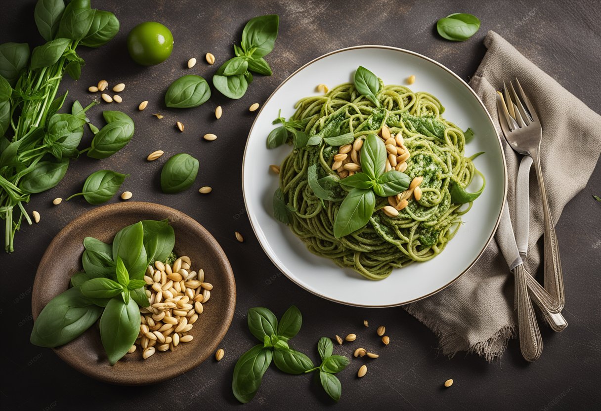 A plate of whole wheat spaghetti topped with arugula pesto, garnished with pine nuts and fresh basil leaves