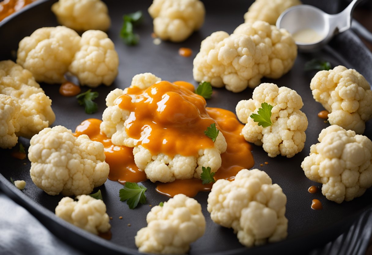 A cauliflower being coated in batter, fried, and then drizzled with buffalo sauce