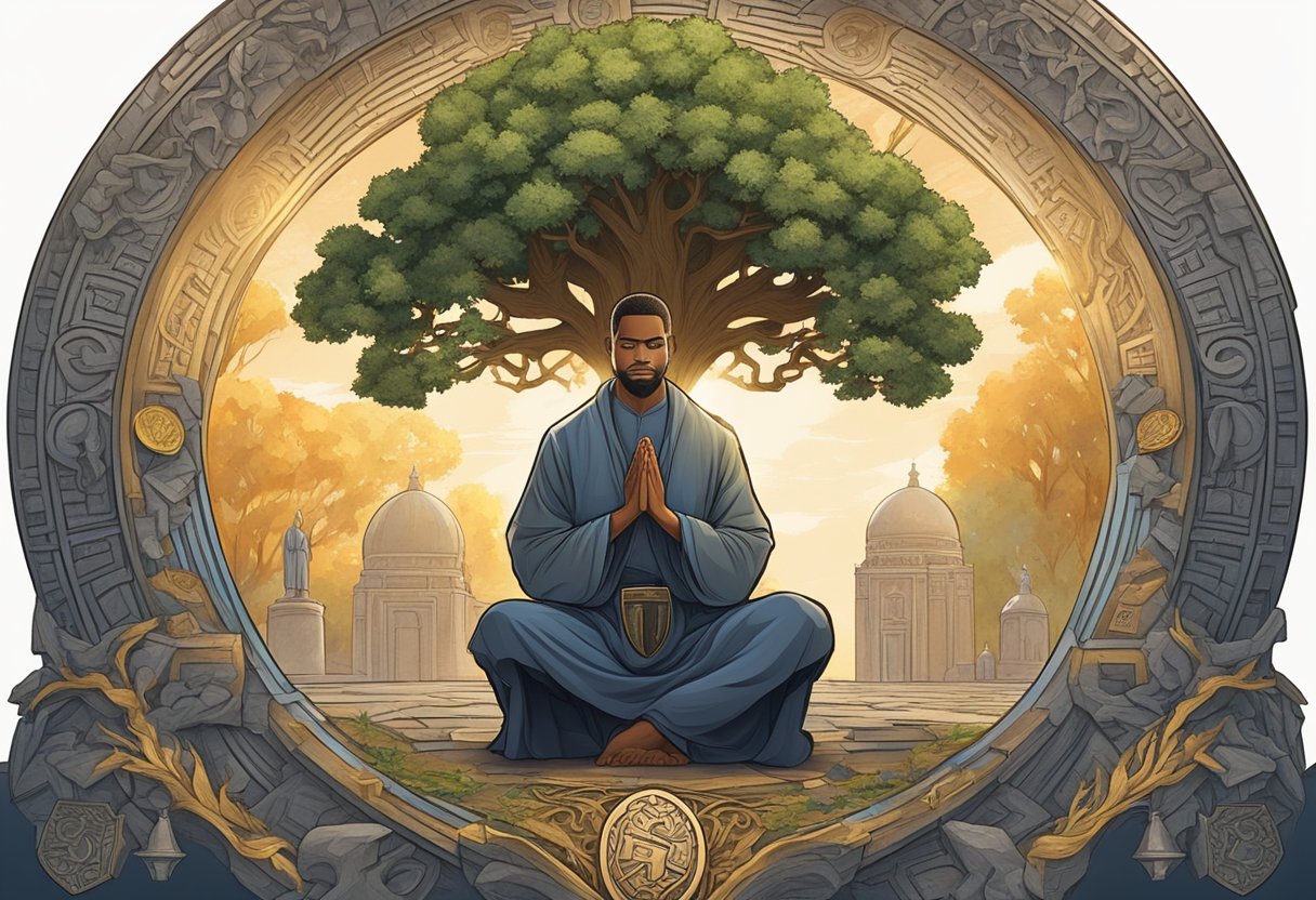 A figure kneels in prayer, surrounded by symbols of wealth and stability - a sturdy oak tree, a shining coin, and a protective shield