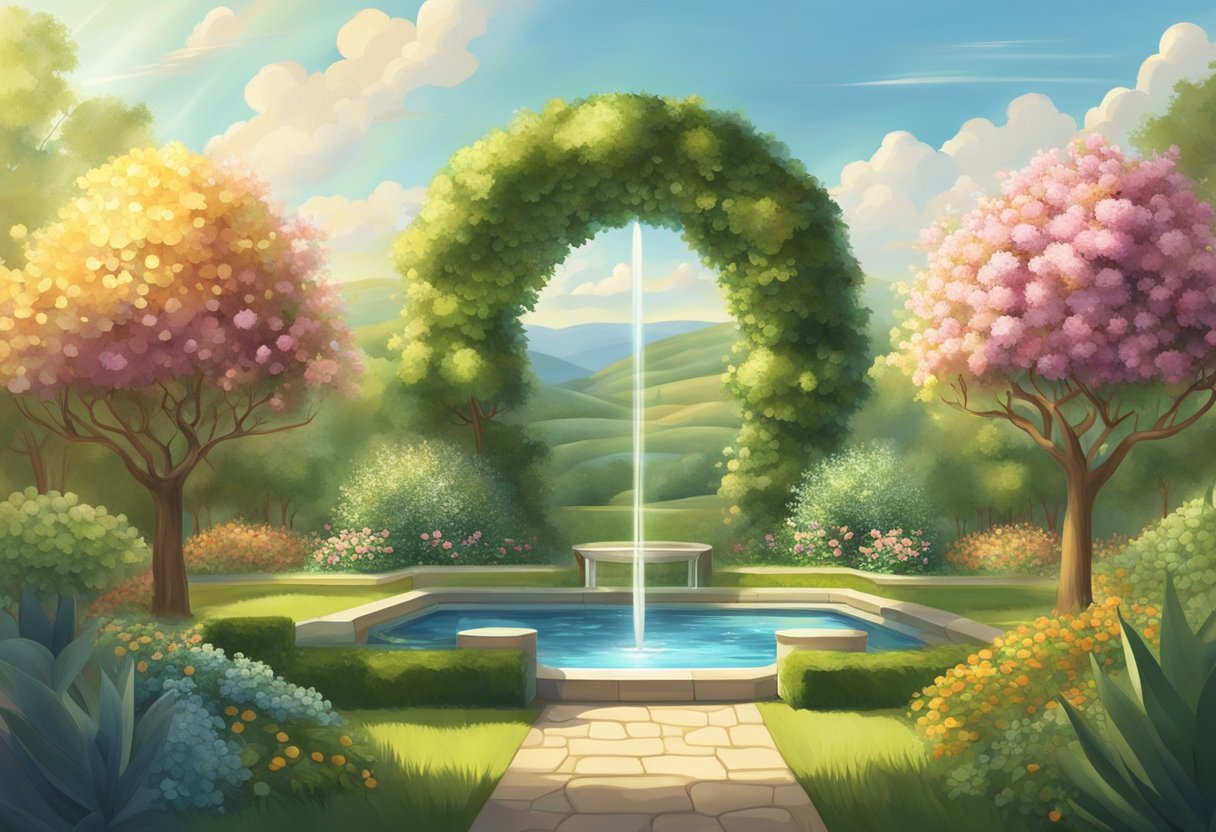 A serene, sunlit garden with a tree bearing abundant fruit, surrounded by a protective shield, symbolizing financial stability and divine protection