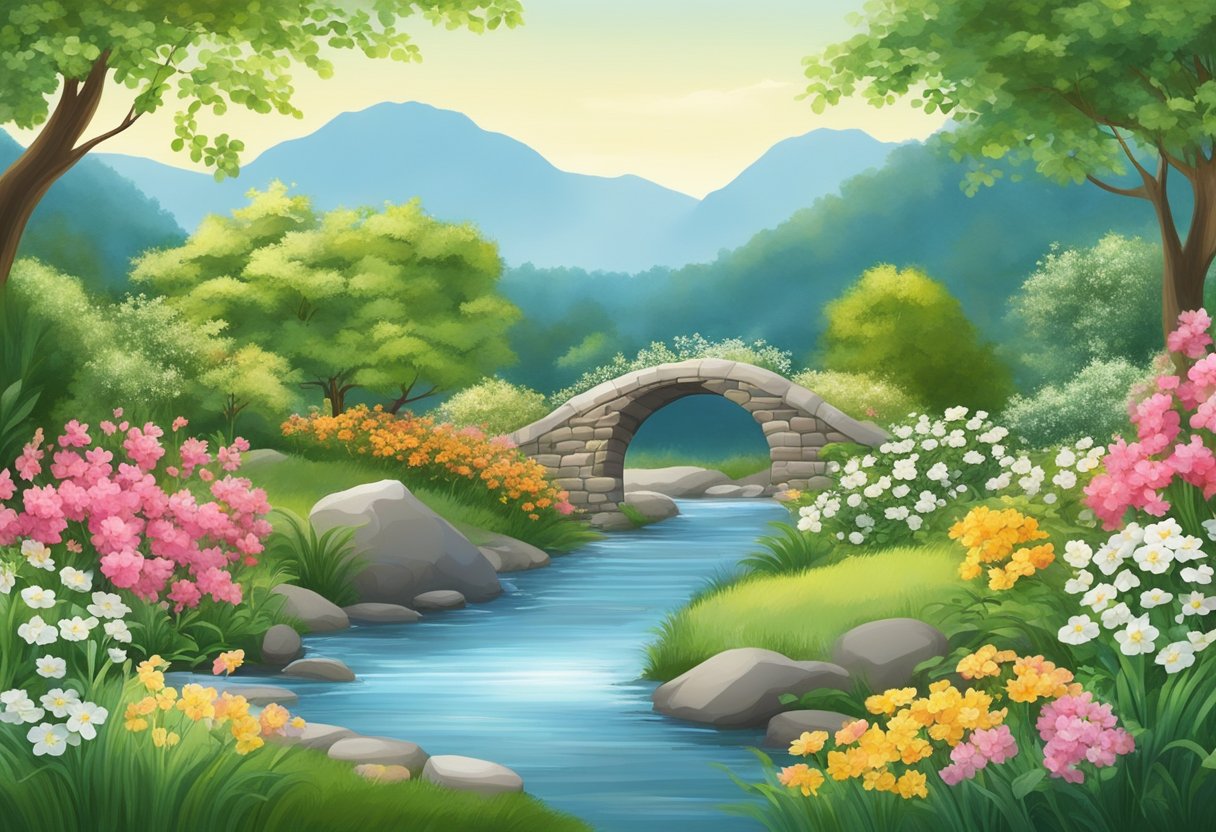 A serene garden with blooming flowers, a flowing stream, and a clear blue sky, symbolizing prosperity and financial stability