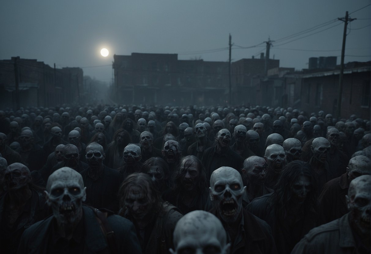 A horde of zombies lurk through a desolate city, their decaying bodies and vacant eyes creating an eerie atmosphere. The moon casts an ominous glow over the scene, adding to the sense of dread and impending doom