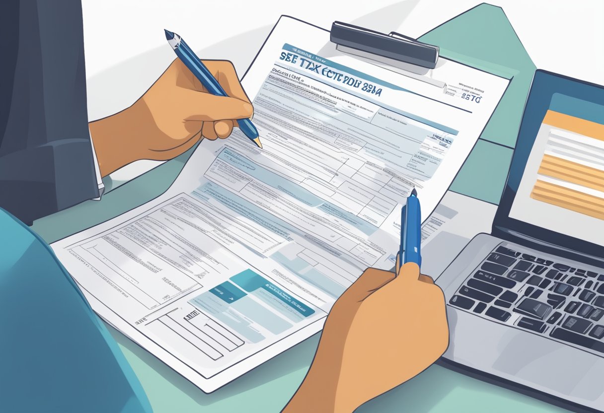 A person filling out tax forms with SBA tax credit and SETC information