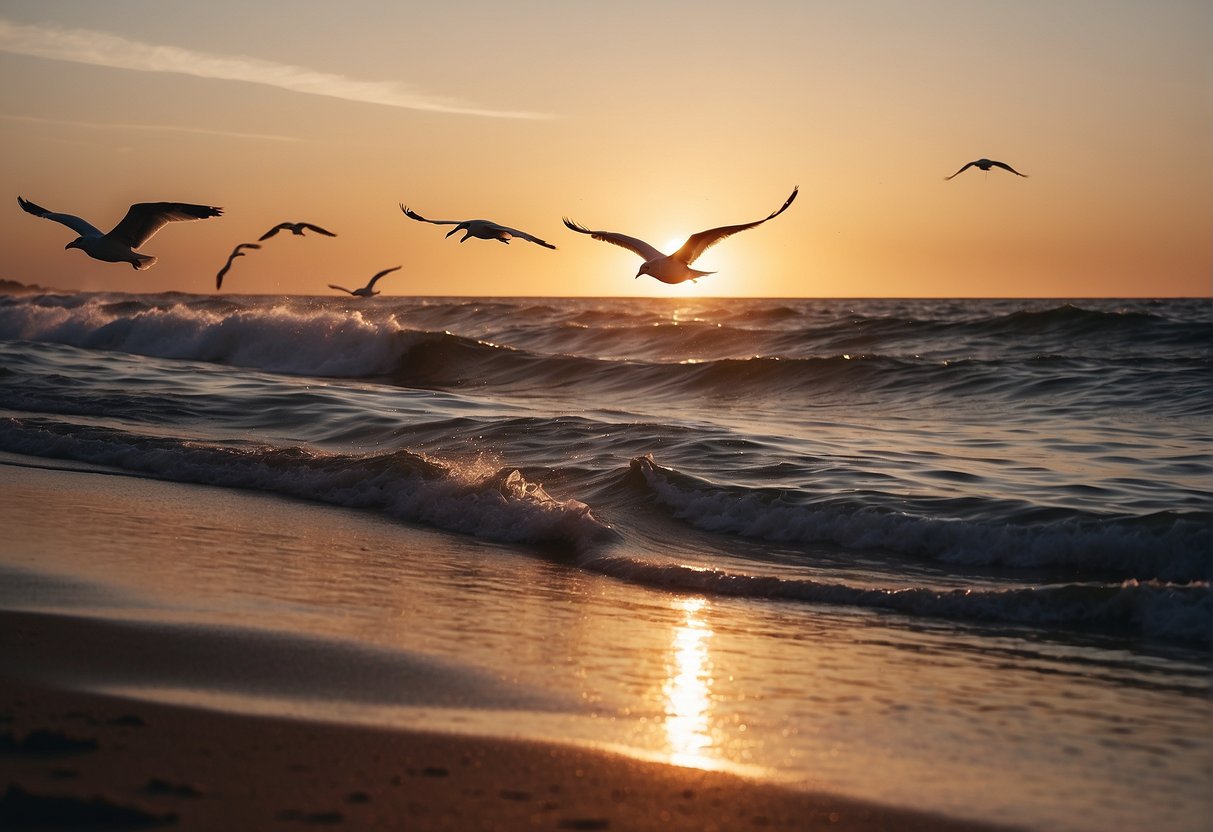 A serene sunset over a tranquil beach, with waves gently lapping the shore and seagulls soaring in the sky