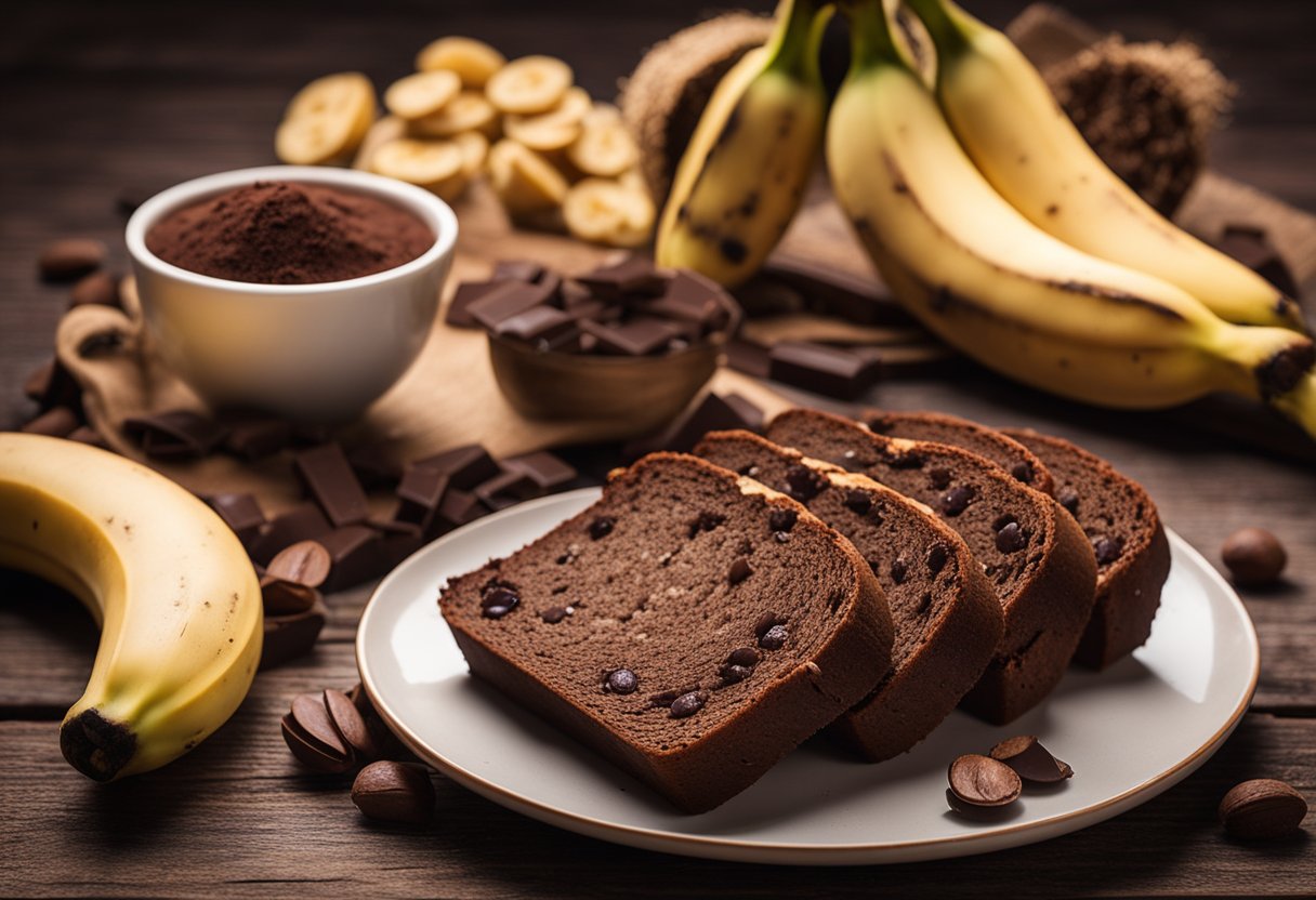 A rustic wooden table displays a plate of gluten-free banana and chocolate bread, surrounded by scattered cocoa powder and banana slices