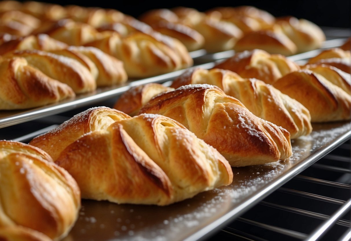 A tray of freshly baked Danish pastries sits on a cooling rack, steam rising from their golden, flaky layers