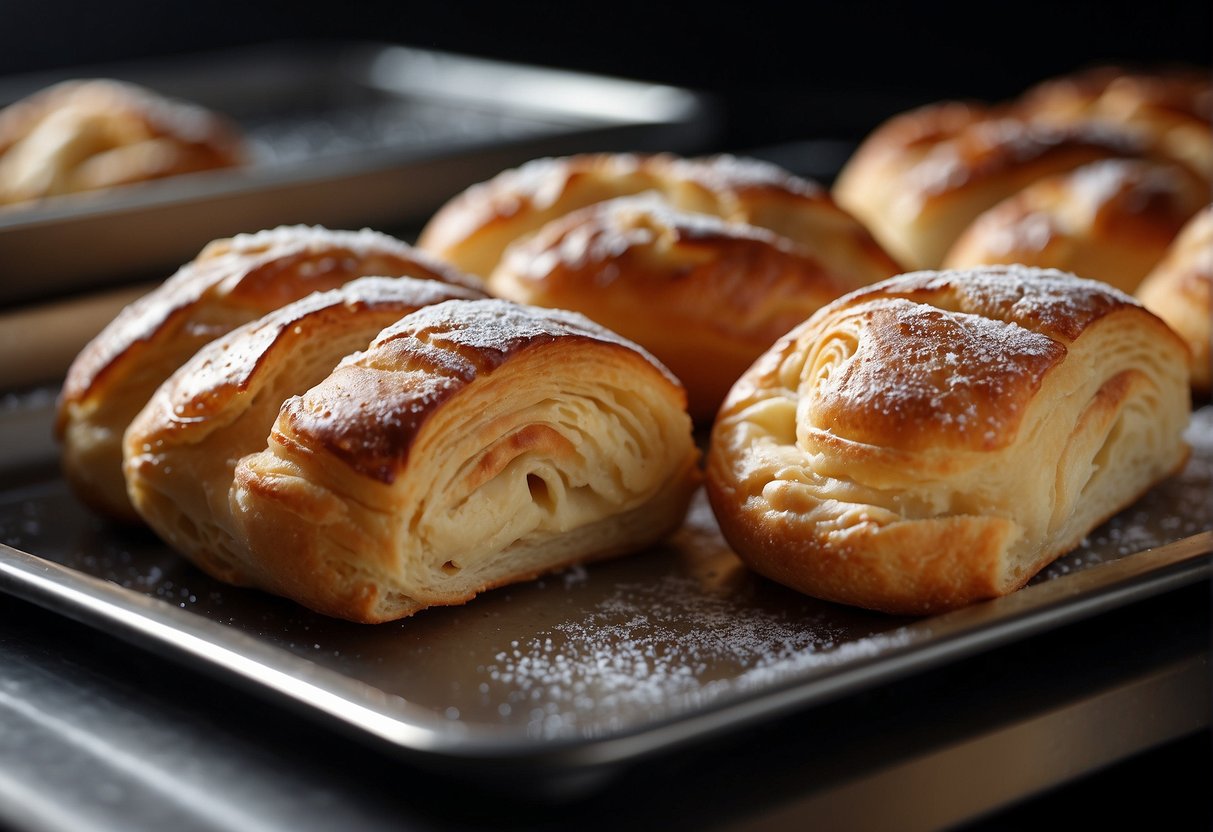 A frozen danish pastry sits on a baking sheet. It is being thawed and reheated in an oven