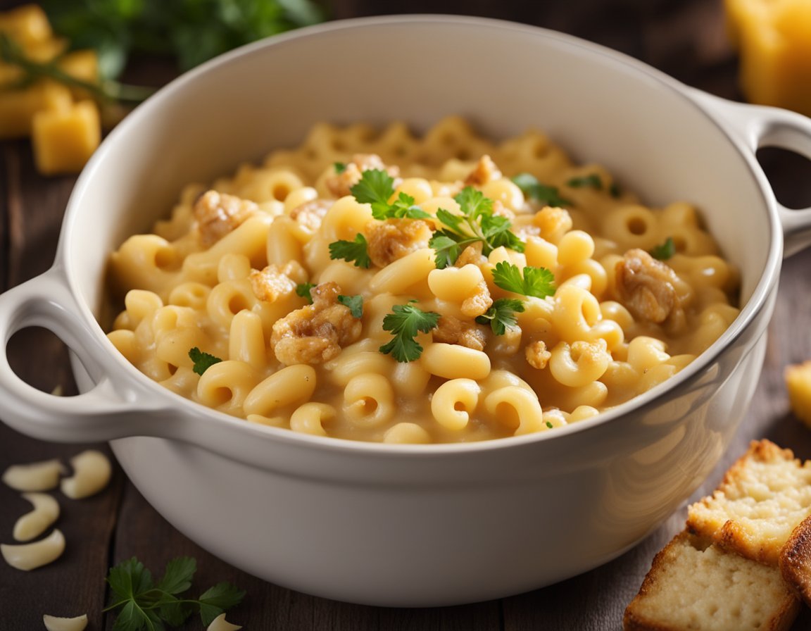 A bubbling pot of creamy macaroni and cheese topped with caramelized onions and juicy chunks of chicken