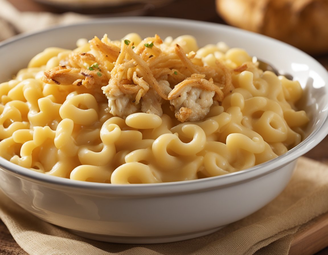 A bubbling pot of creamy macaroni and cheese with chunks of tender chicken, topped with crispy French onion strings