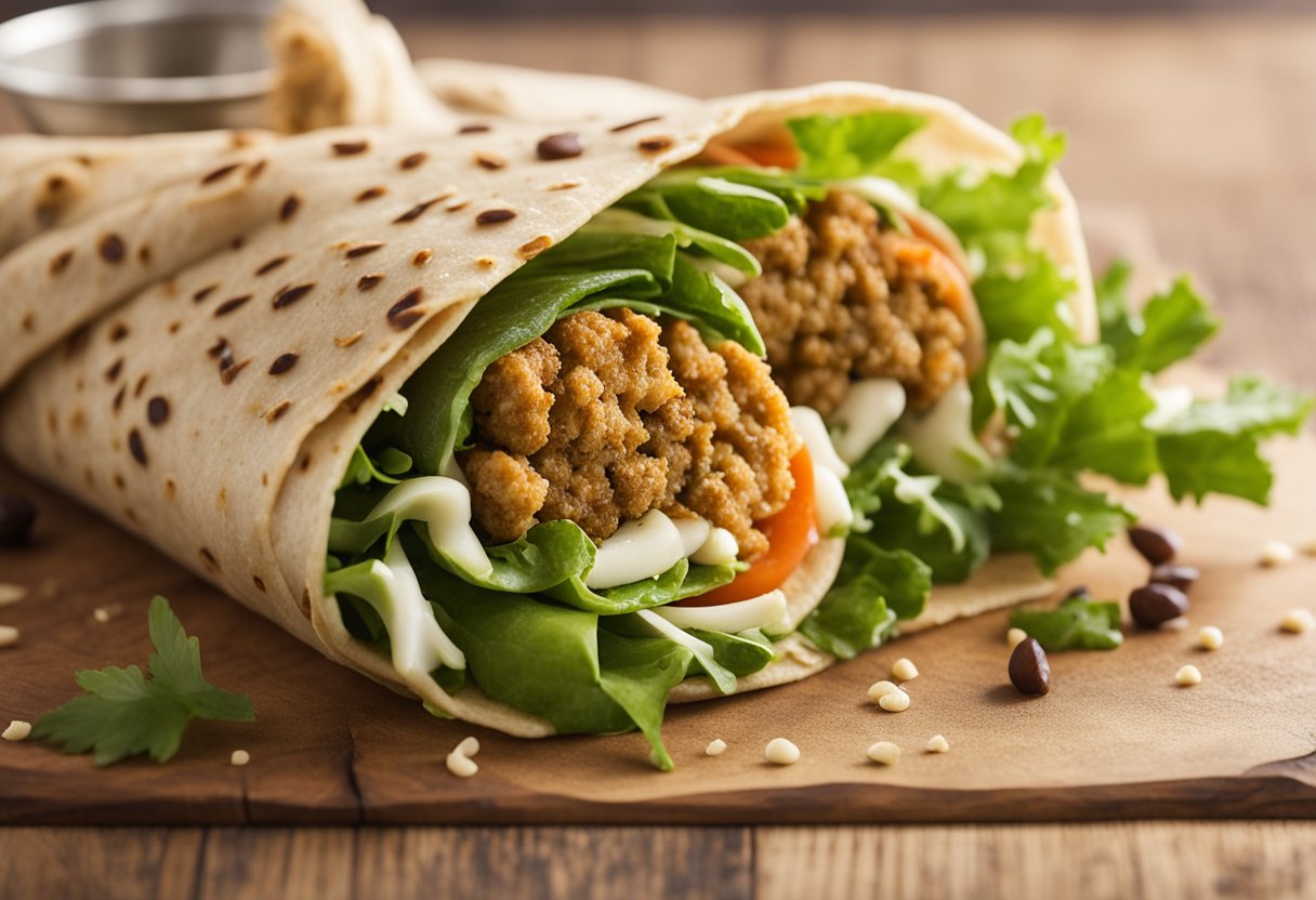 A wrap filled with falafel, tahini, and salad, neatly folded and ready to be enjoyed