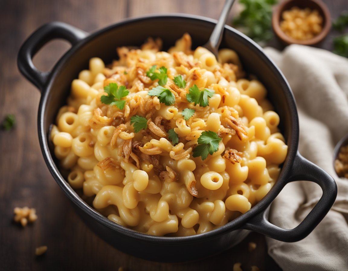 A bubbling pot of creamy macaroni and cheese topped with caramelized onions and shredded chicken