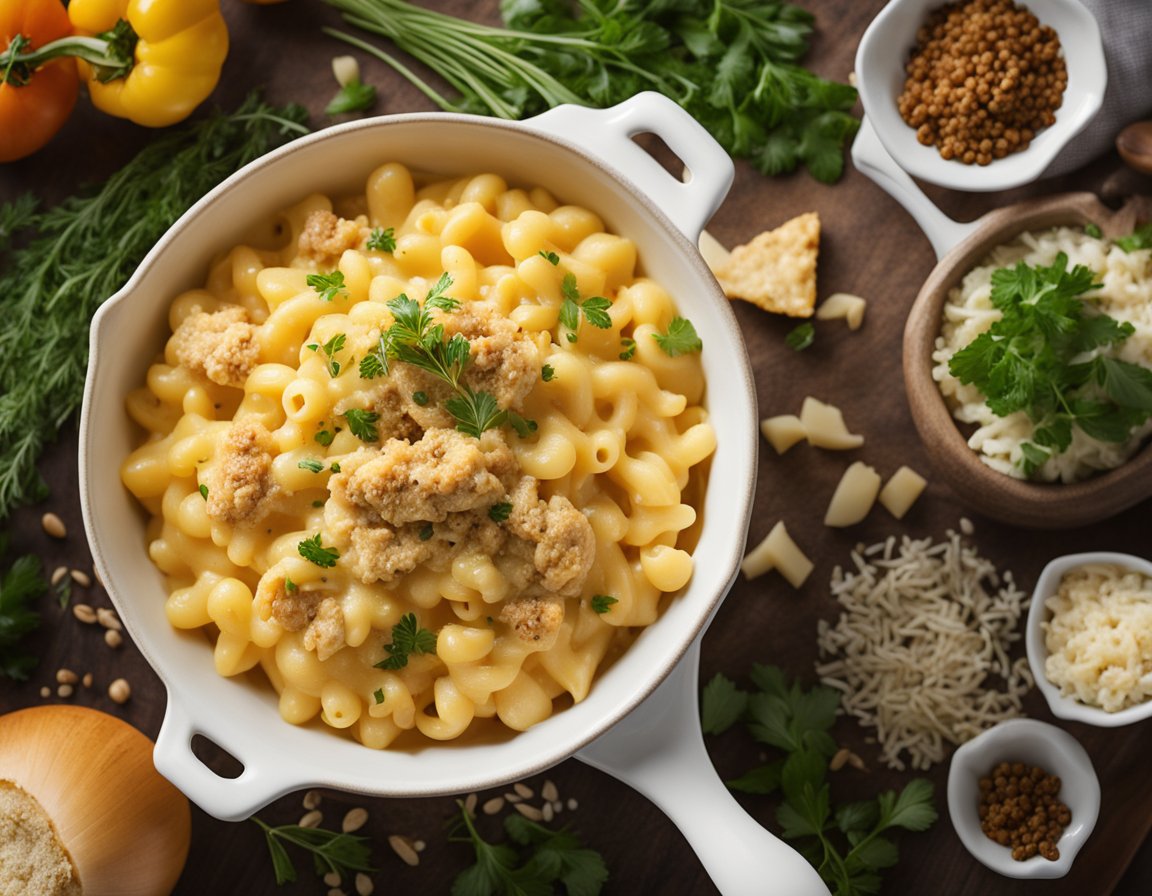 A bubbling pot of creamy macaroni and cheese, topped with golden brown French onion chicken, surrounded by scattered herbs and spices