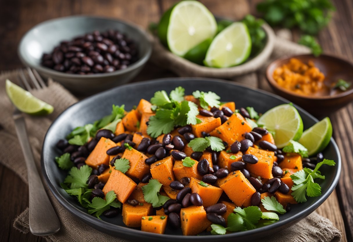 Roasted sweet potato salad with black beans, garnished with fresh cilantro and lime wedges on a rustic wooden table