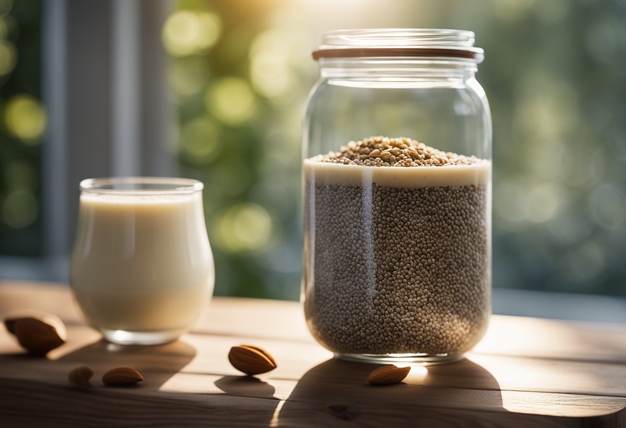 A glass jar filled with chia pudding sits on a wooden table next to a bottle of almond milk. Sunlight streams through a window, casting a warm glow on the scene