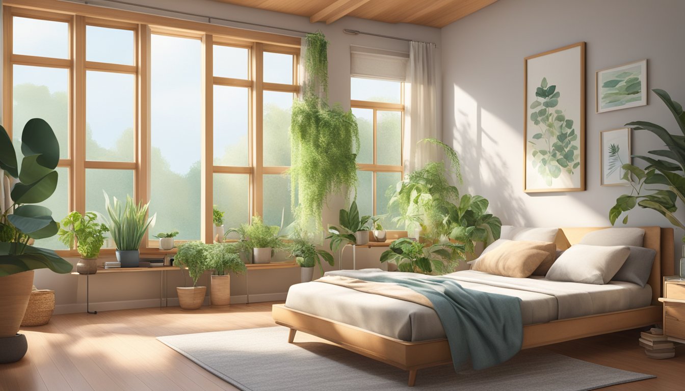A serene, clutter-free bedroom with open windows and potted plants, showcasing natural light and fresh air as part of a holistic approach to combating chronic fatigue caused by mold