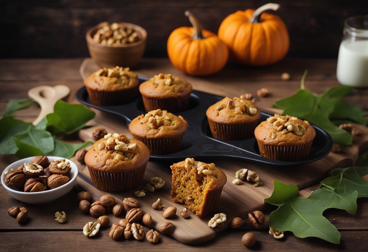 Pumpkin and walnut muffins on a rustic wooden table with a scattering of whole walnuts and a sprig of fresh pumpkin leaves