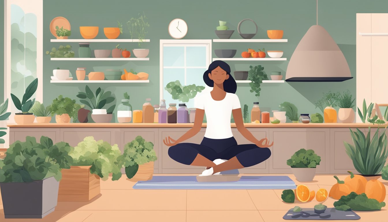 A serene, clutter-free kitchen with organic produce and supplements, yoga mat, and essential oils. A person meditates or practices gentle yoga nearby