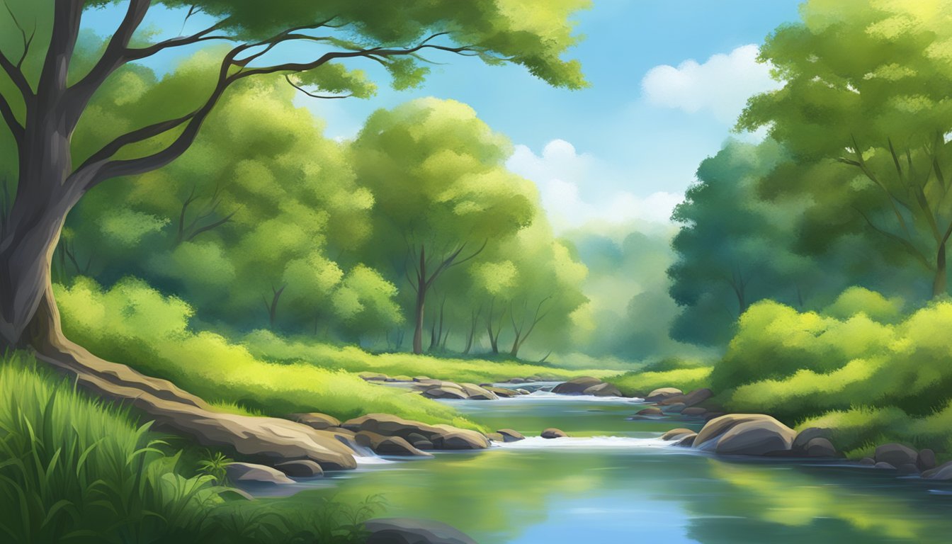 A serene, natural setting with a clear blue sky, green trees, and a peaceful stream flowing through the landscape