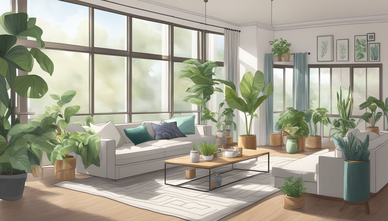 A serene, clutter-free living space with natural light and air purifiers. Plants and essential oil diffusers add a calming touch