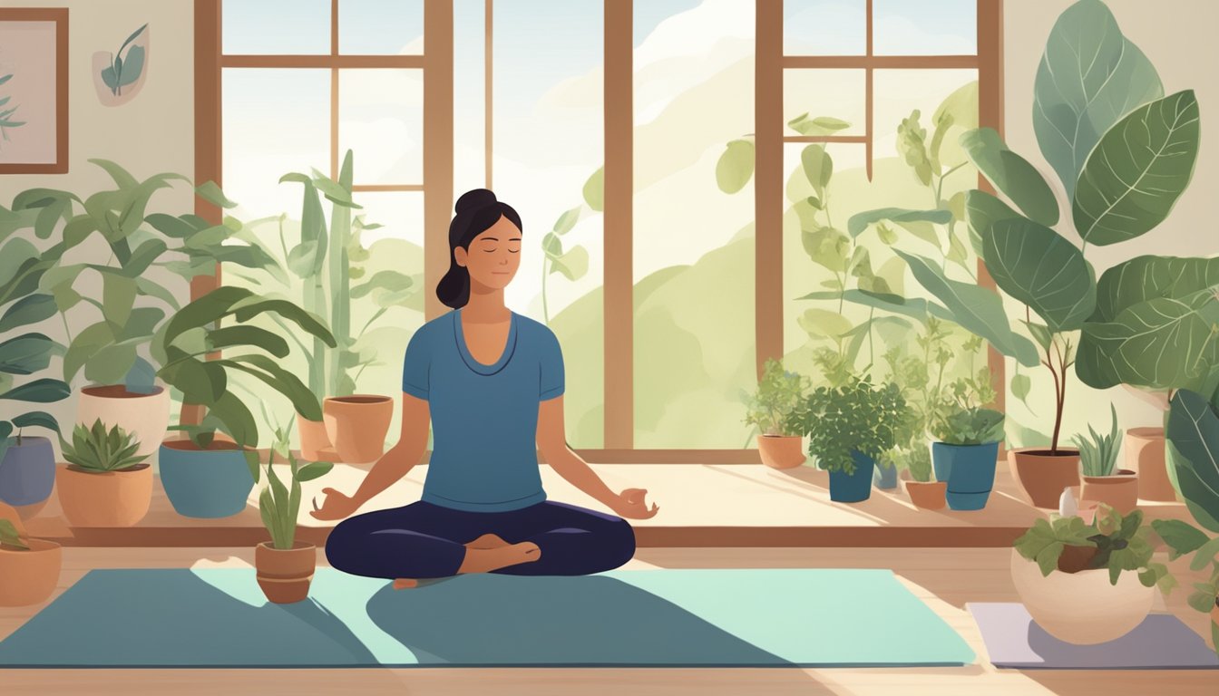 A serene, sunlit room with plants and natural elements. A person practicing yoga or meditation, surrounded by holistic remedies for chronic fatigue caused by mold