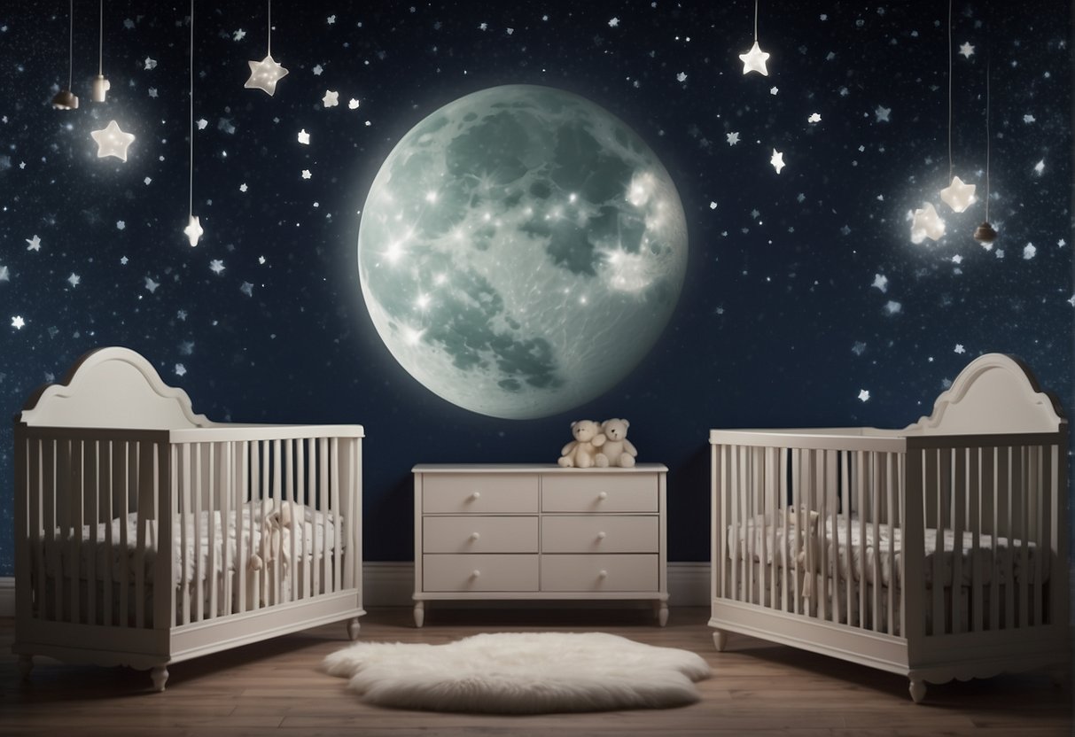 Two identical cribs in a moonlit nursery, surrounded by floating clouds and stars
