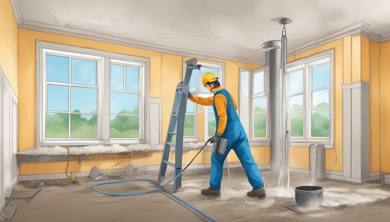 A team of workers removes old, water-damaged materials and installs mold-resistant insulation and ventilation systems in a well-lit, spacious home