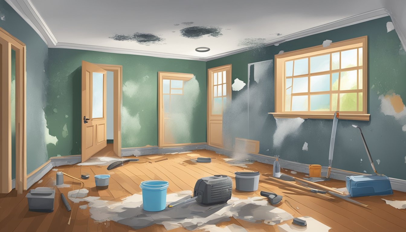A damp, musty corner of a home with visible mold growing on walls and ceilings. Renovation tools and materials are scattered around as the space is being cleared and repaired