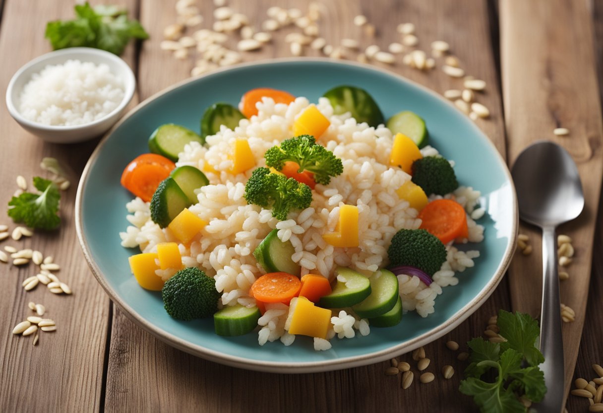 A plate of whole grain rice cakes with colorful mixed vegetables on a wooden table